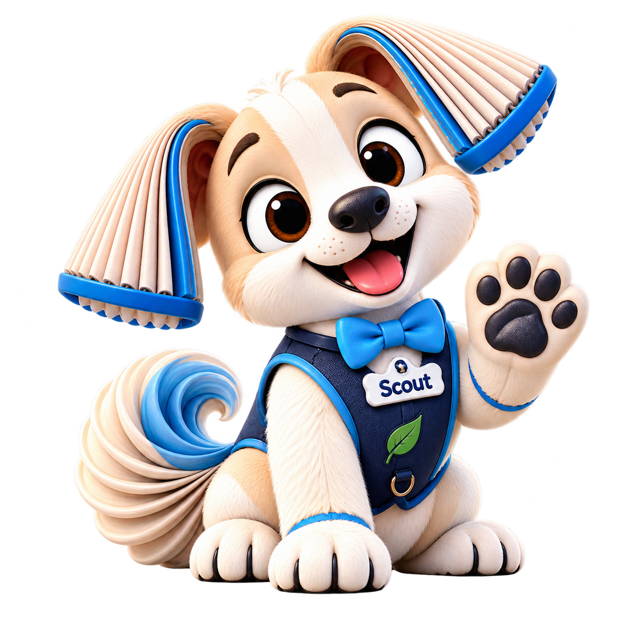 Scout, Filtend’s filter caretaker, with filter-pleated ears, blue bow tie and a raised paw.