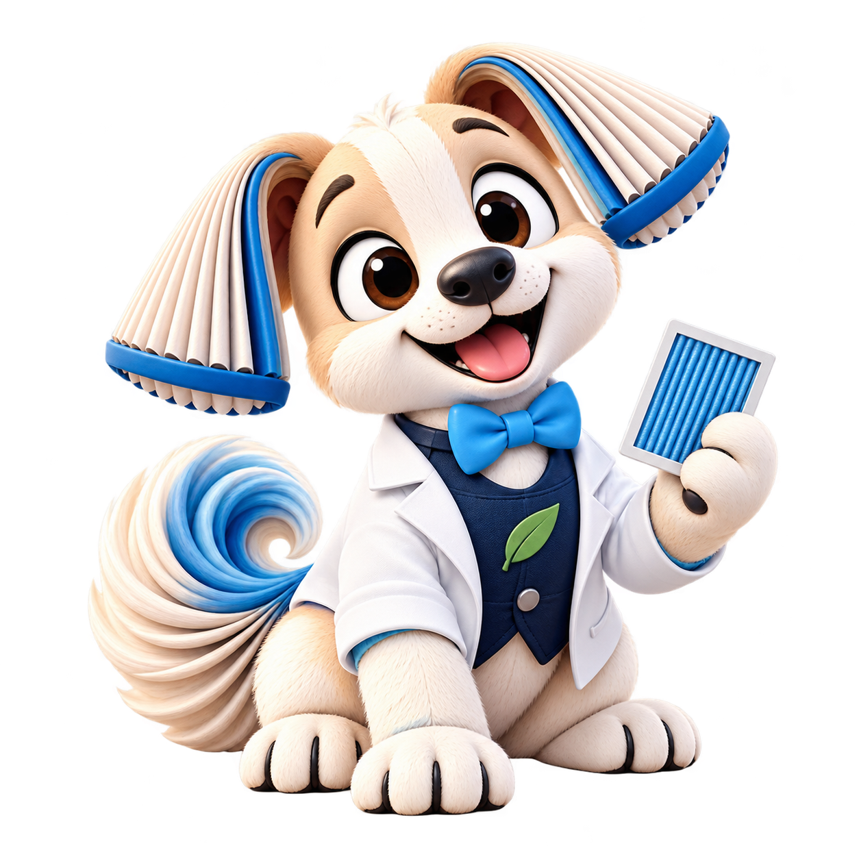 Scout in a white lab coat holding a blue filter sample, with filter-pleated ears and a blue bow tie.